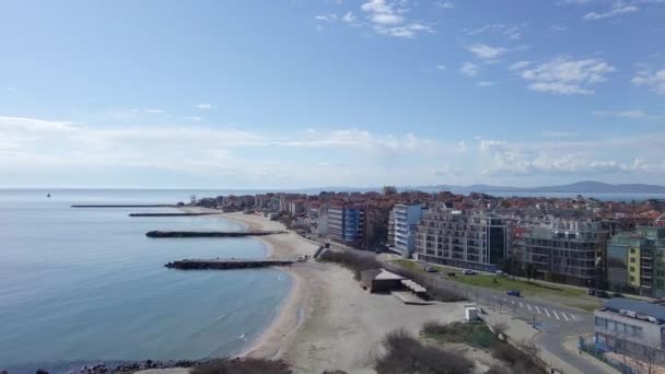 Fågel Blick Den Lilla Tätbefolkade Gamla Staden Pomorie Som Sitter — Stockvideo