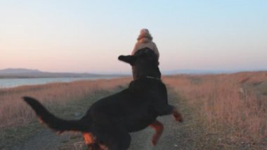 Ceketli enerjik neşeli genç kız mavi deniz kenarındaki kumlu sahilde sevgili sadık arkadaşı Rottweiler cinsinin büyük mutlu köpeği 4K UHD yavaş çekim videosu