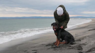Sıcak ceketli bilinmeyen bir kız mavi fırtınalı denizin yanındaki kumlu sahilde duruyor ve sadık arkadaşının kulağının arkasını tırmalıyor. Rottweiler cinsinin büyük, eğitimli köpeği. 4K UHD yavaş çekim videosu