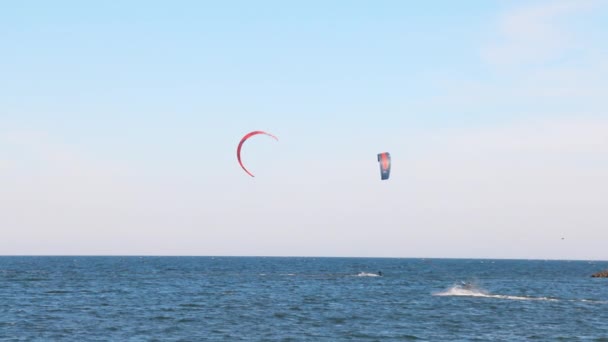 Athletic Active Cheerful People Special Sportswear Kiting Shiny Sea Calm — Stock Video