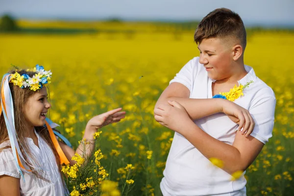 Веселих Підлітків Старший Брат Смішна Сестра Квітковим Українським Яскравим Вінок — стокове фото