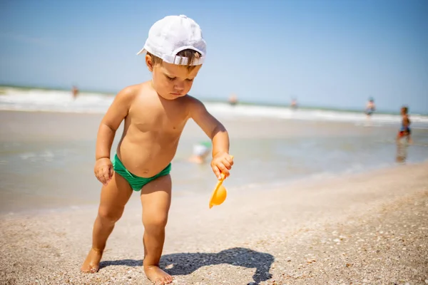 少し面白い子供 明るい休暇に暑い夏の太陽の下で砂の底に穏やかな青い海のシェルと小石を収集します — ストック写真