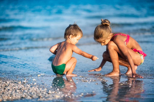 Gentile Magro Carino Sorella Maggiore Gioca Con Suo Fratellino Bambino — Foto Stock