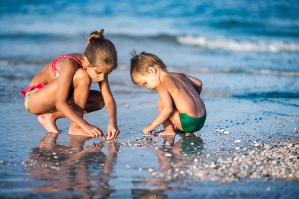 優しいですスキニーかわいいです姉演劇とともに彼女の弟幼児ながら 海岸近くの浅い海の水に座って 夏休みの暖かい晴れた日に — ストック写真