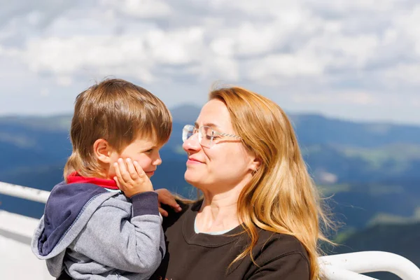Caring Mother Hugs Loves Her Little Son Toddler High Observation — 图库照片