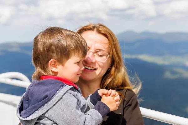 Caring Mother Hugs Loves Her Little Son Toddler High Observation — 图库照片