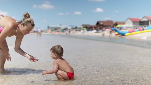 Little Funny Funny Kid Collects Shells Pebbles Calm Blue Sea — Vídeos de Stock