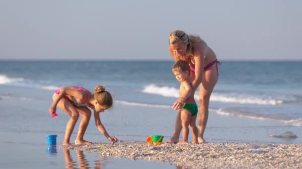 一位善良 美丽的母亲和她的孩子们一起玩耍 一个瘦小的大女儿和最小的儿子 一个蹒跚学步的孩子 用贝壳和卵石装饰着他们的珠子和沙堡 — 图库视频影像