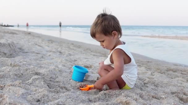 Niño Alegre Entusiasta Juega Con Sus Juguetes Una Playa Arena — Vídeos de Stock