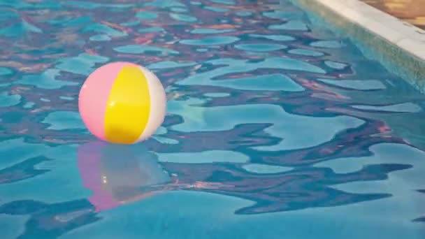 Young Girl Bright Leopard Swimsuit Swims Bright Colored Inflatable Ball — Video Stock