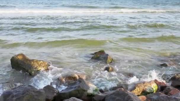 Many Large Small Stones Lie Wide Large Stone Shore Stormy — Video Stock