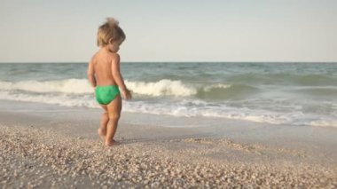 Küçük komik çocuk, sakin mavi denizde deniz kabuğu ve çakıl taşı topluyor sıcak yaz güneşinin altında, parlak bir tatilde. 4K UHD yavaş çekim videosu