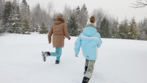 Back View Two Happy Kids Warm Clothes Jumping Snow Windy — Vídeo de Stock