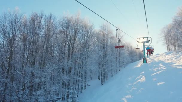 在冬天的早晨 座椅电梯向阳光方向倾斜的背景图 人们坐着滑雪车在雪地的树上滑行 山上有小山 背景上有阳光 滑雪胜地的概念 — 图库视频影像