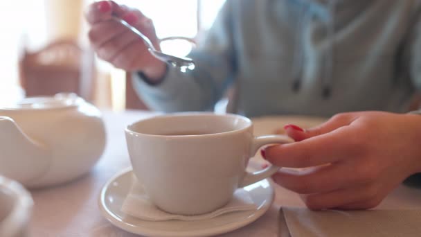 Crop View Woman Hands Stirring Sugar Hot Cup Herbal Tea — Stock Video