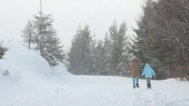 Kar yağışı sırasında çam ağaçlarının arasında karlı yolda yürüyen iki kadın çocuğun arka görüntüsü. Kışlık elbiseli genç kızlar el ele tutuşuyor, tepeye çıkıyor, rahatlıyor. Kış aktiviteleri kavramı.