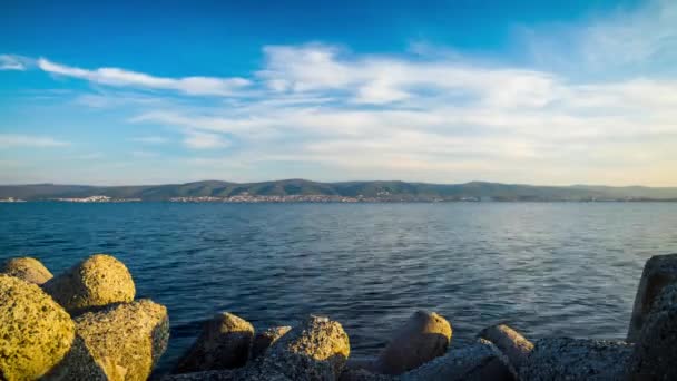 Small Concrete Reliable Breakwater Background Spacious Blue Cloudy Sky Raging — Vídeo de stock