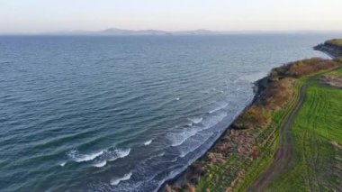 Birds eye view of dense spring green meadows and fields near rocky sandy steep coast, near calm rippled deep Black Sea in light of evening sea sun in warm country of Bulgaria. UHD 4K video realtime