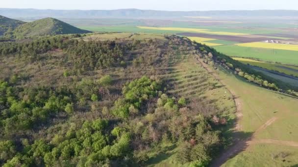 Birds Eye View Spring Blooming Green Meadows Wooded Hilly Slopes — Vídeo de Stock