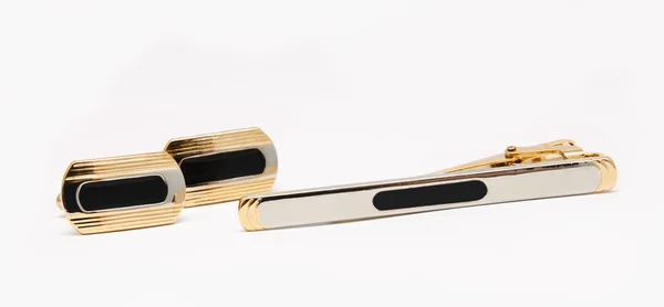 Сuff links and tie clip isolated on white — Stock Photo, Image