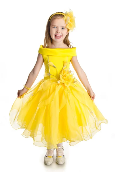 Portrait of singing little girl in princess dress — Stock Photo, Image