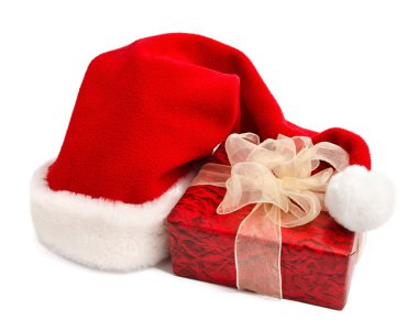 Beyaz bir Noel şapka ve hediye kutusu