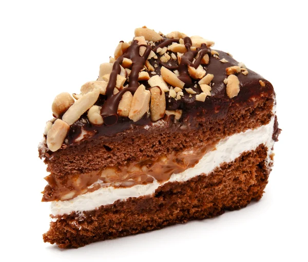 Chocolate cake met pinda geïsoleerd stukje — Stockfoto