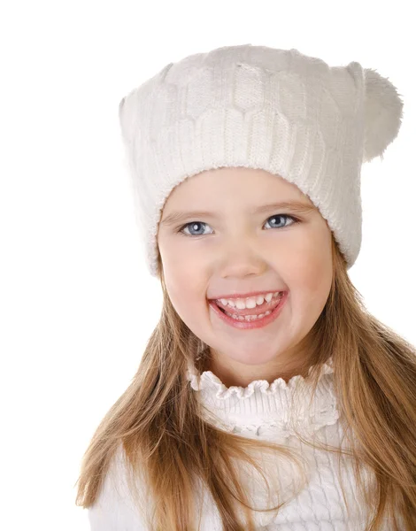 Laughing cute little girl in warm hat isolated — Stock Photo, Image