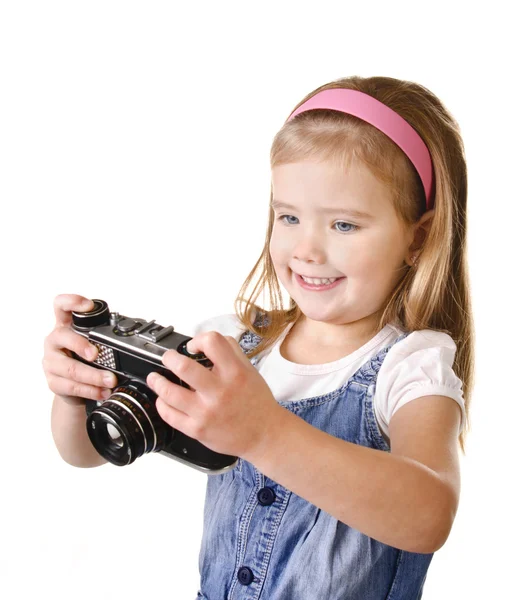 Fotografowanie dziewczynka z stary aparat na białym tle — Zdjęcie stockowe