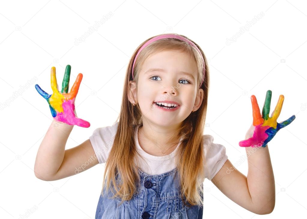 Beautiful smiling little girl with hands in the paint isolated