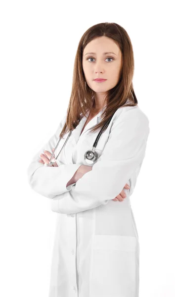 Porträtt av ung läkare kvinna med stetoskop isolerad på en — Stockfoto