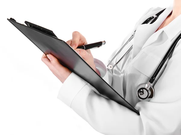 Medical doctor woman with plane-table on white — Stock Photo, Image