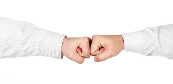 Two male hands in shirt as fists together isolated — Stock Photo, Image
