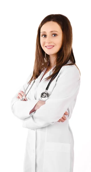 Lachende vrouw van de jonge dokter met een stethoscoop geïsoleerd — Stockfoto