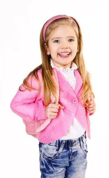 Glad liten flicka med ryggsäck isolerad på vit — Stockfoto