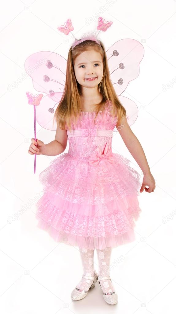 Little girl in fairy costume on a white