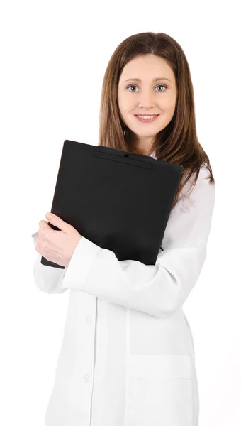 Smiling young doctor woman with a stethoscope and plane table is — Stock Photo, Image