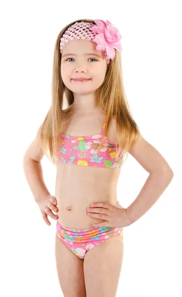 Cute smiling little girl in swimsuit isolated — Stock Photo, Image