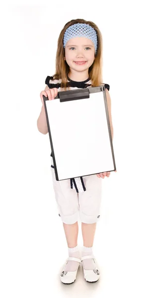 Portrait of cute smiling little girl with clipboard isolated — Stock Photo, Image