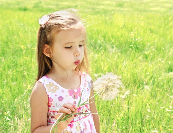 Krásná malá holka foukání Pampeliška — Stock fotografie