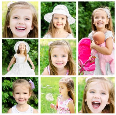 sevimli küçük kız yaz çayır üzerinde kolaj