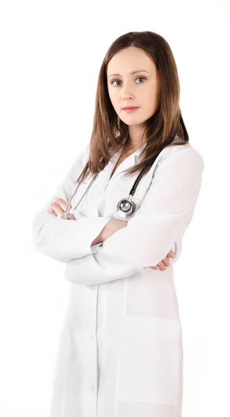 Smiling young doctor woman with a stethoscope isolated — Stock Photo, Image