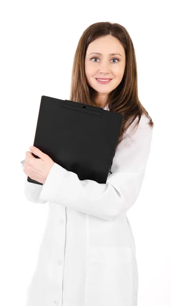 Mujer joven y sonriente con estetoscopio y mesa plana — Foto de Stock