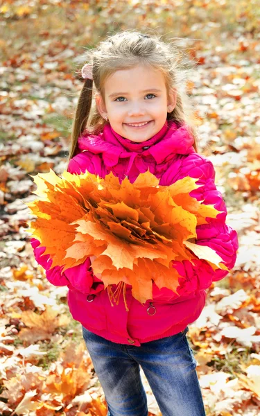 Autumn portrait of cute smiling little girl with maple leaves — Stock Photo, Image