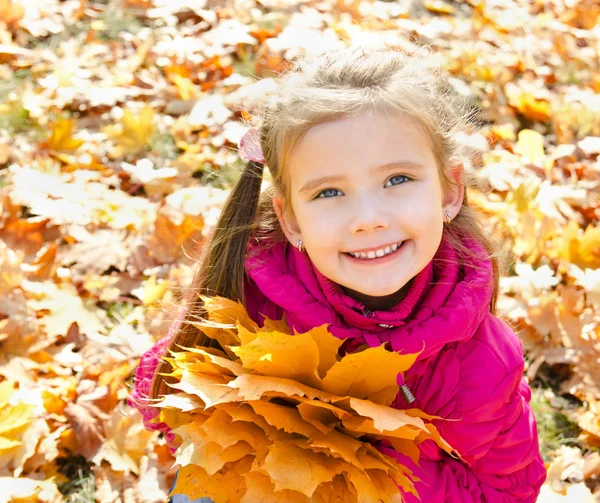 Autumn portrait of cute smiling little girl with maple leaves — Stock Photo, Image