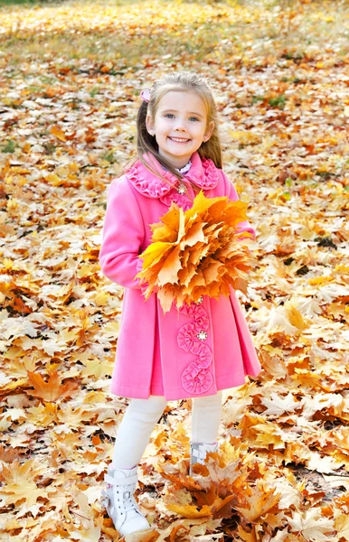 Sonbaharda akçaağaç yaprakları ile gülümseyen sevimli küçük kız portresi — Stok fotoğraf