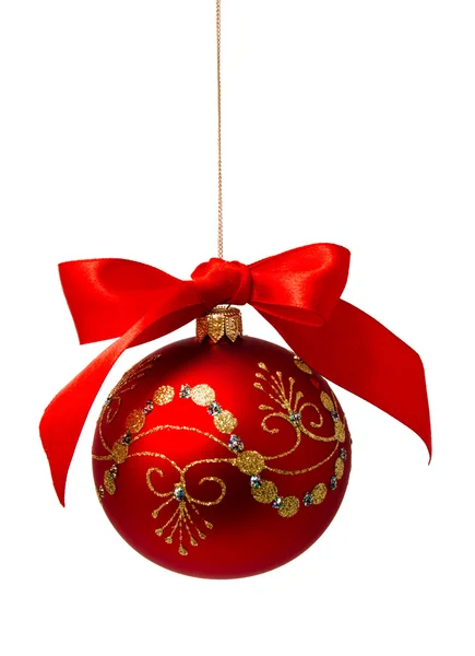 Red christmas ball with ribbon isolated on a white — Stock Photo, Image