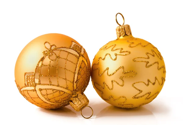 Two golden christmas balls isolated on a white — Stock Photo, Image