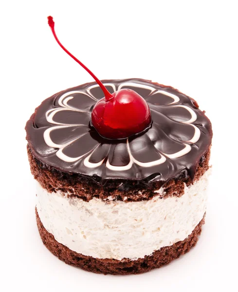 Chocolate cake with cherry on the top icing isolated — Stock Photo, Image