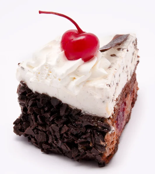 Slice of chocolate cake with cherry on the top isolated — Stock Photo, Image